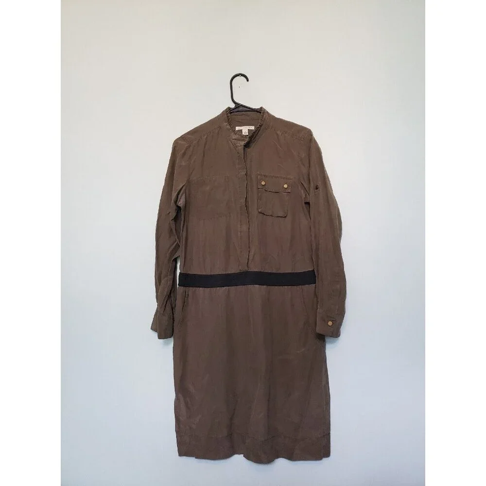 Banana Republic Women's 6 Mini Dress Army Green Silk Blend Long Roll Tab Sleeve - Picture 1 of 6
